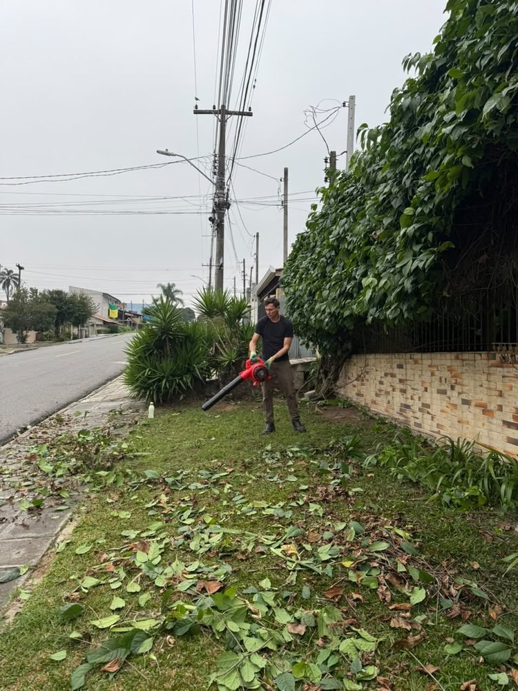 Limpeza de folhas e resíduos do jardim com soprador