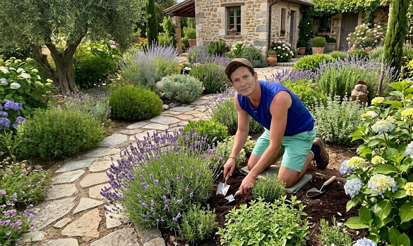 Profissional cuidando de um jardim residencial florido